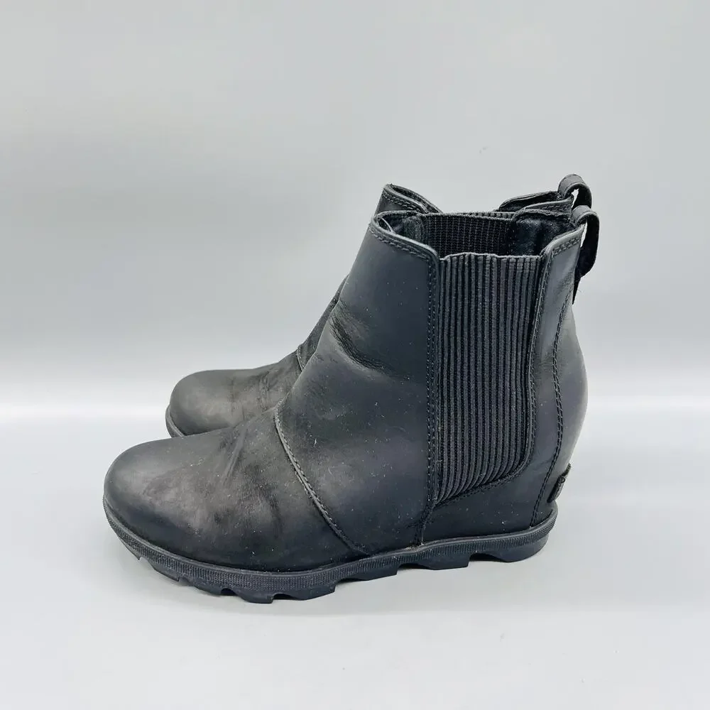 Sorel Boots Womens 8 Black Leather Joan of Arctic Wedge II Chelsea Ankle Shoes